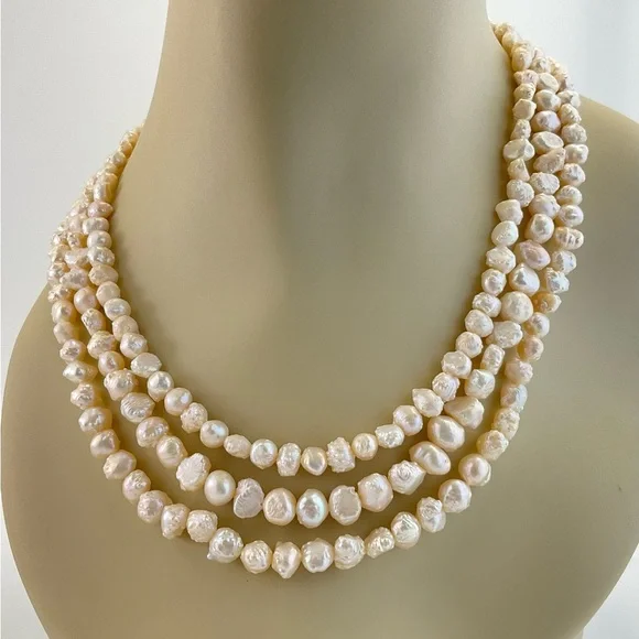 White Keshi Baroque Pearl Necklace with Gold Plated Clasp,19 1/2” Long